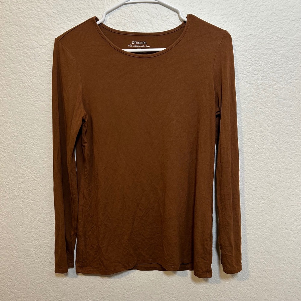 Chicos The Ultimate Tee Womens Size Small Long Sleeve Chesnut Brown Basic Top